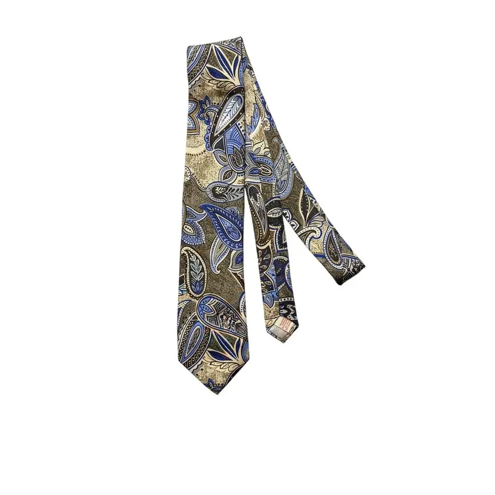 Tommy Bahama Mens Silk Necktie Blue Green Yellow Paisley Pattern 100% Silk